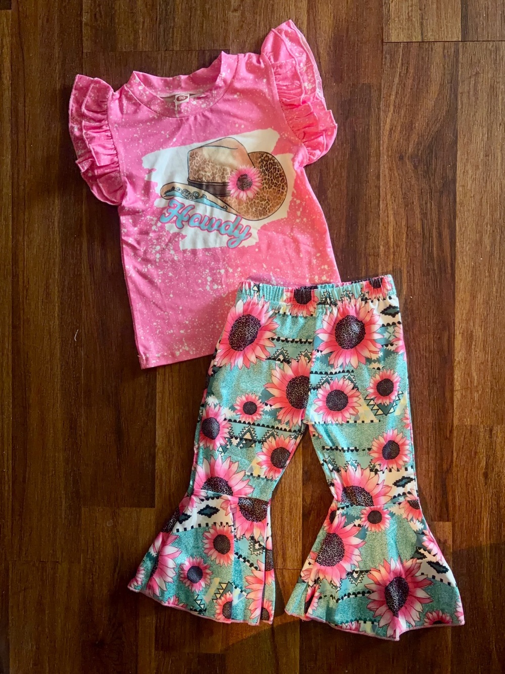 Girls' Pink Teal Tie-Dye flare Bottoms with ruffled sleeve top